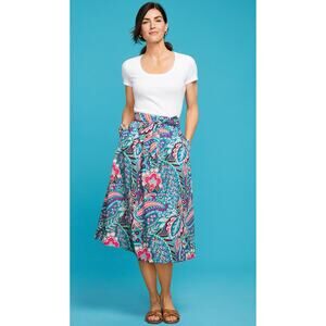 TALBOTS Paisley Botanical Poplin Fit & Flare Midi Skirt Elastic Tie Waist L NWT